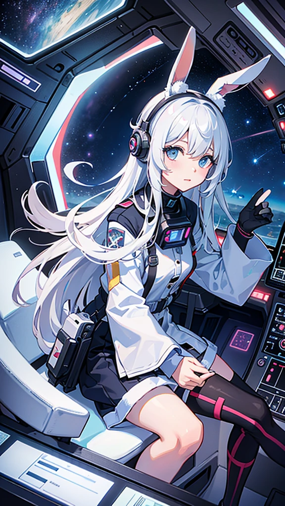 universe飞船在外太空飞行. A girl with long white hair and bunny ears sits in the cockpit of a sci-fi spaceship and looks out the window. She saw the cosmic scenery outside the window. Her eyes are buttons, long white hair, Close-up of face, Long-term perspective, 4K, universe, nebula, galaxy, Starship, Alien Spaceship, window, mechanical, Cyberpunk