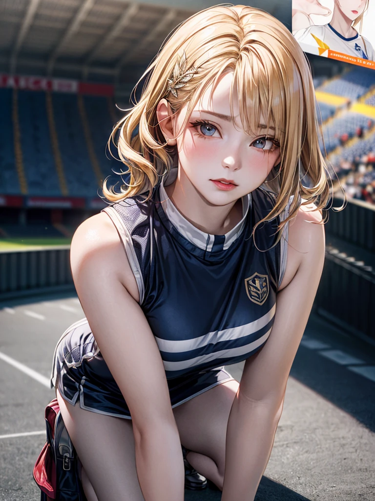 unparalleled masterpiece, ultra realistic 8k CG,masterpiece,pov,(delicate photograph,ultra_detailed,16k,raw photo:1.3),(realistic:1.9,photorealistic:1.9), beautiful detailed eyes,1 women,MILF,solo,(full body:1.3), detailedstadium scenery, detailed aristocracy dress, blonde wavy hair, slender body, precious hair ornament, d-cup chests,Sports vest,mini dress,White socks