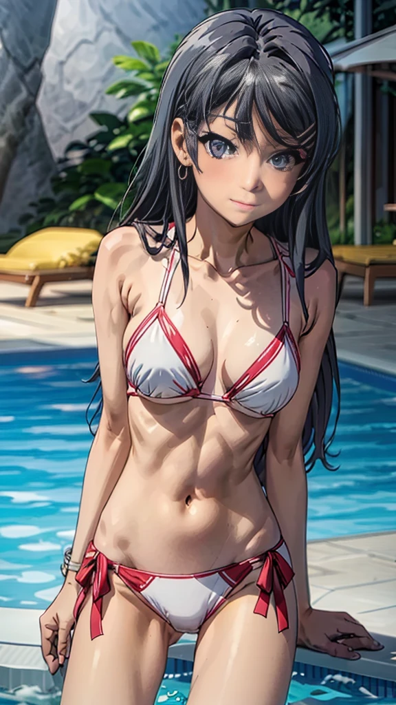 (highest quality:1.4), 8K resolution, Ultra HD, (High resolution:1.4), cinematic light, 1 girl, embarrassed face, very fine eyes,medium-sized chest、white skin, bikini, outdoor, swimming pool, Clear blue sky,blush、(looking at the viewer)、model pose、forced smile、MS、rabbit earrings、cowboy shot, sexy belly, sexy,