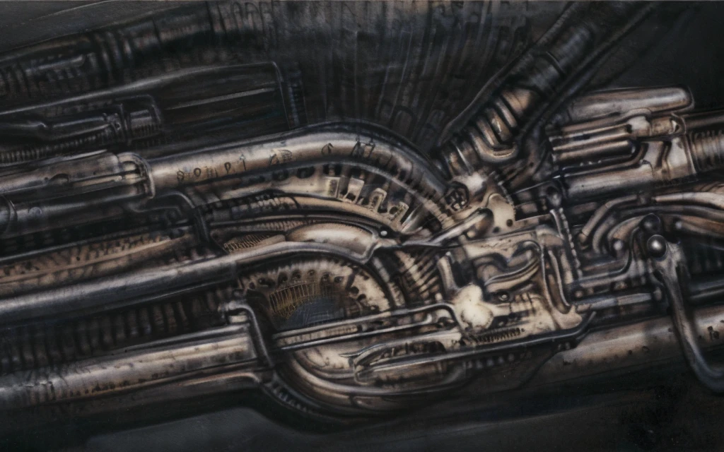 g1g3r, The image is a detailed view of H.R. Giger's biomechanical tableau \" LANDSCAPE No 312 \" plate, featuring
a complex, intricate, and detailed design of endless Machine in the transit space over the cascade of fallen water, that appears to be a fusion of organic and mechanical elements, with a focus on the interplay between the two.The piece is a tableau, most likely created with a India ink pen or pencil on paper, determined by the thin lines, shading techniques, and the texture of the paper, which is visible around the edges.
Used is pen, given the shading and variations in line weight visible in the image. Artist have used a variety of stylus with different degrees of hardness to achieve the shading effects.
The use of undersaturated green-grays dark contrasts creates a stark and graphic look. Is used a variety of linework techniques to create different textures. Fine, parallel lines create a smooth, metallic texture,while thicker, more cursive lines suggest cables or wires.
Light source from the top highlights skeletals, pper part of foreground, lower part of image is in shadowupper part of foreground, lower part of image is in shadow.
The art performance showcases the artist’s skills in observation and rendering. The level of detail in the piece suggests a close study of real bone specimens and mechanics. The artist has skillfully used shading techniques to create a convincing illusion of three-dimensionality on a flat surface. The wrinkles and cracks in the surface, and the cast shadows with accuracy, used shading techniques to create a realistic depiction of light and shadow on the objects. This creates a sense of depth and dimension in the image. The artist has used careful linework to depict the contours and textures in the piece
Sharp focus on foreground elements illustration. Deep and delicate DOF. Big painting. Stored in Louvre masterpiece, ooze soaked pajama top