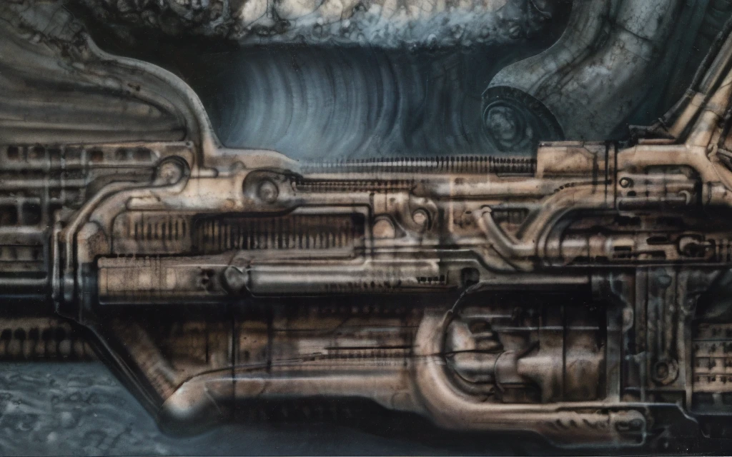 g1g3r, The image is a detailed view of H.R. Giger's biomechanical tableau \" LANDSCAPE No 312 \" plate, featuring
a complex, intricate, and detailed design of endless Machine in the transit space over the cascade of fallen water, that appears to be a fusion of organic and mechanical elements, with a focus on the interplay between the two.The piece is a tableau, most likely created with a India ink pen or pencil on paper, determined by the thin lines, shading techniques, and the texture of the paper, which is visible around the edges.
Used is pen, given the shading and variations in line weight visible in the image. Artist have used a variety of stylus with different degrees of hardness to achieve the shading effects.
The use of undersaturated green-grays dark contrasts creates a stark and graphic look. Is used a variety of linework techniques to create different textures. Fine, parallel lines create a smooth, metallic texture,while thicker, more cursive lines suggest cables or wires.
Light source from the top highlights skeletals, pper part of foreground, lower part of image is in shadowupper part of foreground, lower part of image is in shadow.
The art performance showcases the artist’s skills in observation and rendering. The level of detail in the piece suggests a close study of real bone specimens and mechanics. The artist has skillfully used shading techniques to create a convincing illusion of three-dimensionality on a flat surface. The wrinkles and cracks in the surface, and the cast shadows with accuracy, used shading techniques to create a realistic depiction of light and shadow on the objects. This creates a sense of depth and dimension in the image. The artist has used careful linework to depict the contours and textures in the piece
Sharp focus on foreground elements illustration. Deep and delicate DOF. Big painting. Stored in Louvre masterpiece, ooze soaked pajama top