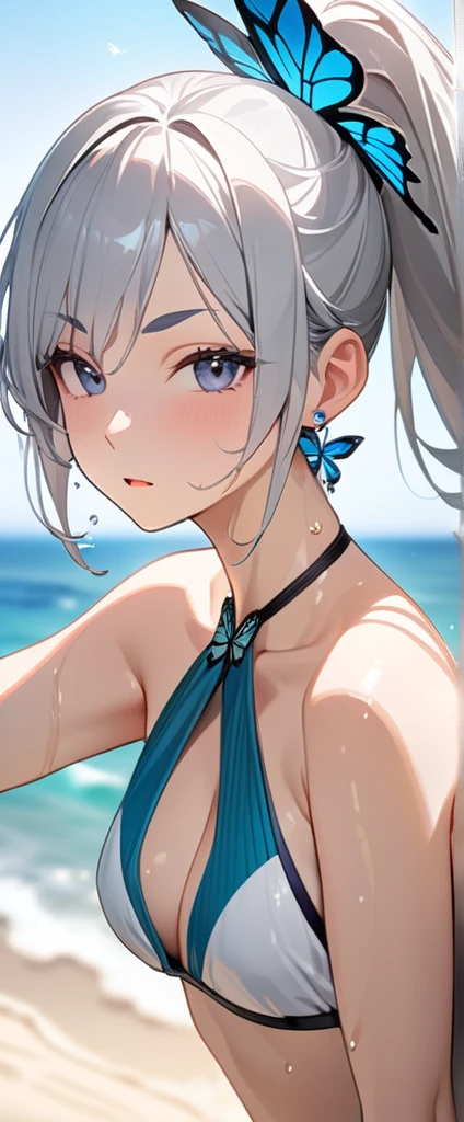High resolution, masterpiece, accurate, Highest quality, Winner of numerous awards, High-resolution model,
Silver Hair, Wet Hair, Super long hair, ponytail,
slender、Sharp eyebrows seaside,
Butterfly Hair Ornament, Crystal Earrings,
Swimwear, Simple bikini,
Character portrait, whole body