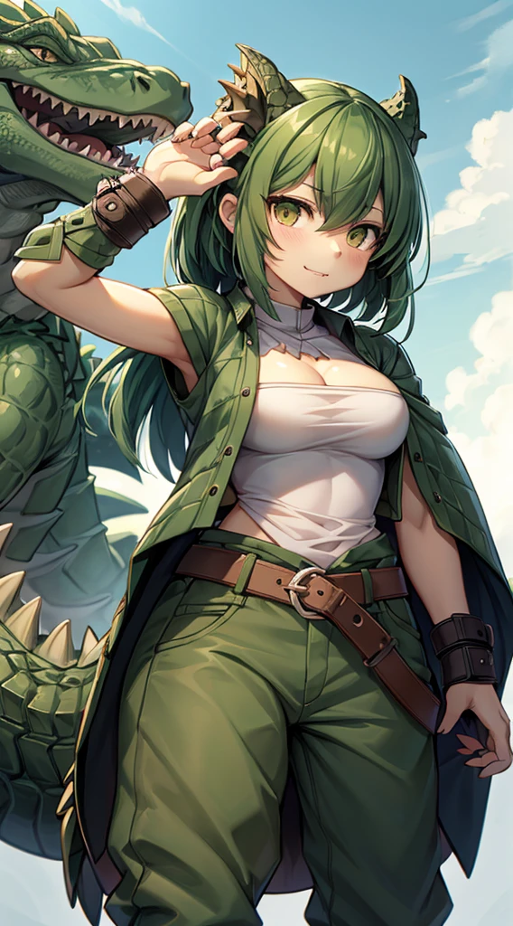 Crocodile girl，Crocodile girl，Crocodile tail，Crocodile tail，长着Crocodile tail的女孩，Dark green hair，Dark green hair，trousers，black色牛仔裤，Standing posture，black，Crocodile tail，Close-up above the waist，Limbs covered with crocodile skin，鳄鱼paw，paw，Crocodile Scale Wristguards，Alligator scale hands，Arms covered with crocodile scales，