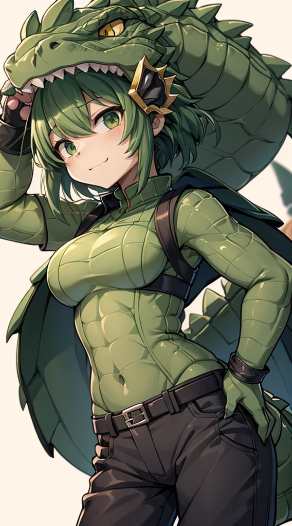 Crocodile girl，Crocodile girl，Crocodile tail，Crocodile tail，长着Crocodile tail的女孩，Dark green hair，Dark green hair，trousers，black色牛仔裤，Standing posture，black，Crocodile tail，Close-up above the waist，Limbs covered with crocodile skin，鳄鱼paw，paw，Crocodile Scale Wristguards，Alligator scale hands，Arms covered with crocodile scales，