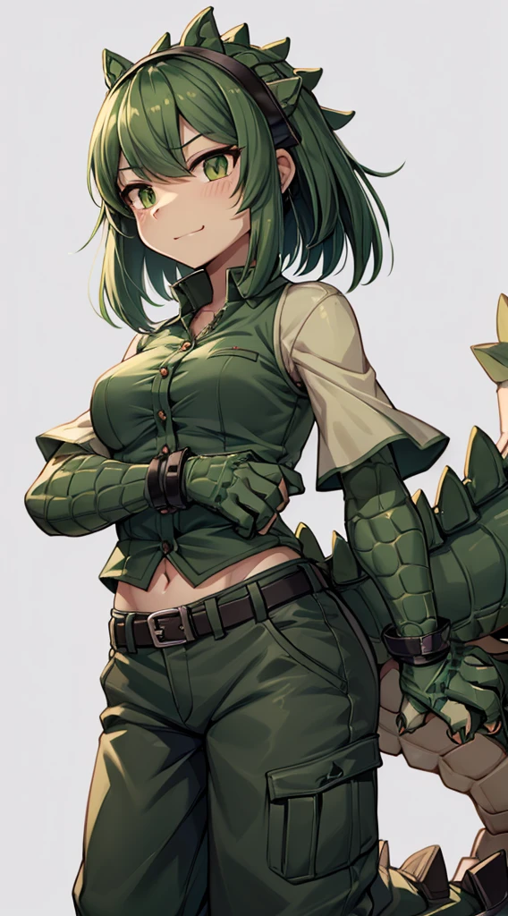 Crocodile girl，Crocodile girl，Crocodile tail，Crocodile tail，长着Crocodile tail的女孩，Dark green hair，Dark green hair，trousers，black色牛仔裤，Standing posture，black，Crocodile tail，Close-up above the waist，Limbs covered with crocodile skin，鳄鱼paw，paw，Crocodile Scale Wristguards，Alligator scale hands，Arms covered with crocodile scales，