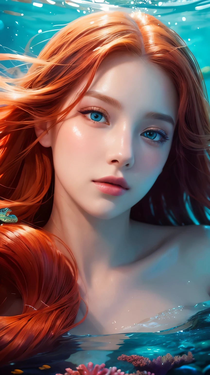 1girl, beautiful detailed eyes, beautiful detailed lips, extremely detailed face and features, long flowing red hair, magical mermaid, underwater ocean scene, sunlight streaming through the water, colorful coral reef, vibrant sea creatures, photorealistic, 8k, best quality, masterpiece, intricate details, stunning lighting, vibrant colors, fantasy art