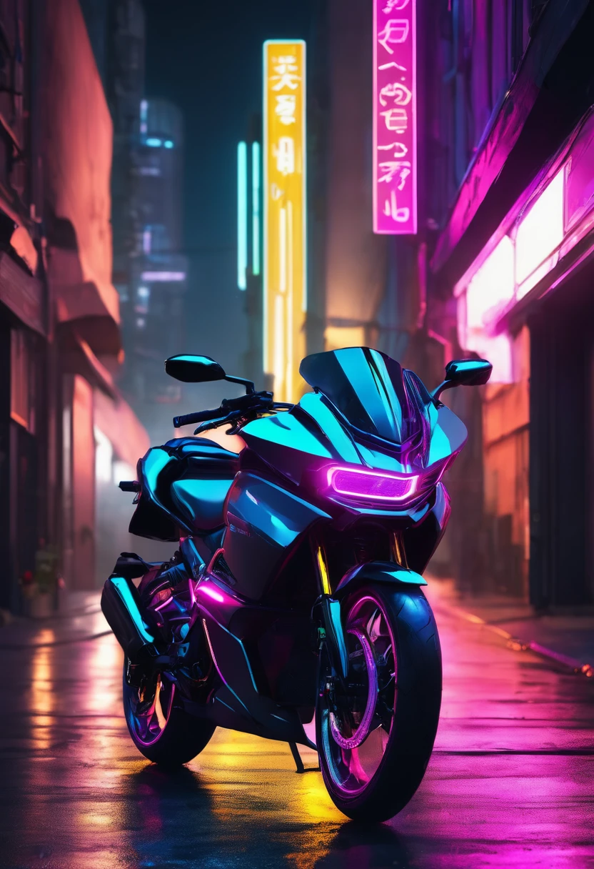 Modern bike parked on street in cyberpunk world, night, neon headlight, ultra realistic, 4k resolution