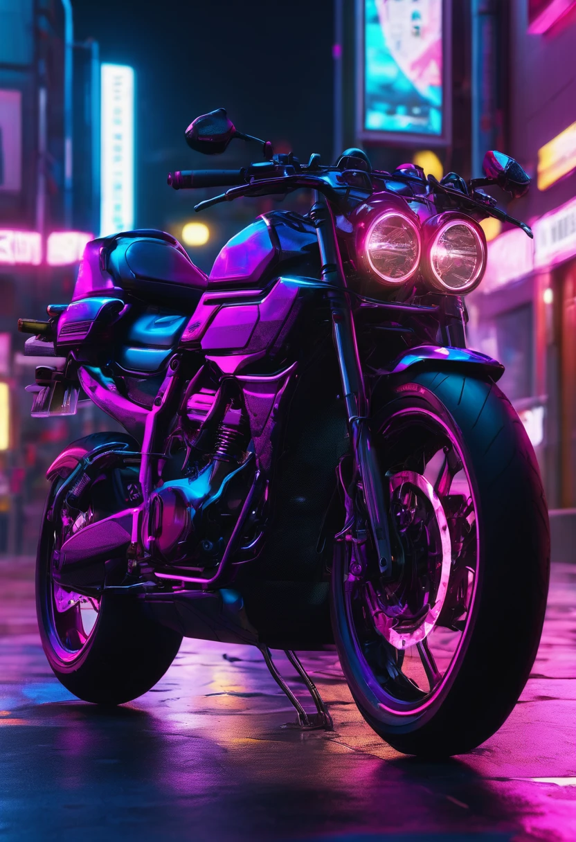 Modern bike parked on street in cyberpunk world, night, neon headlight, ultra realistic, 4k resolution