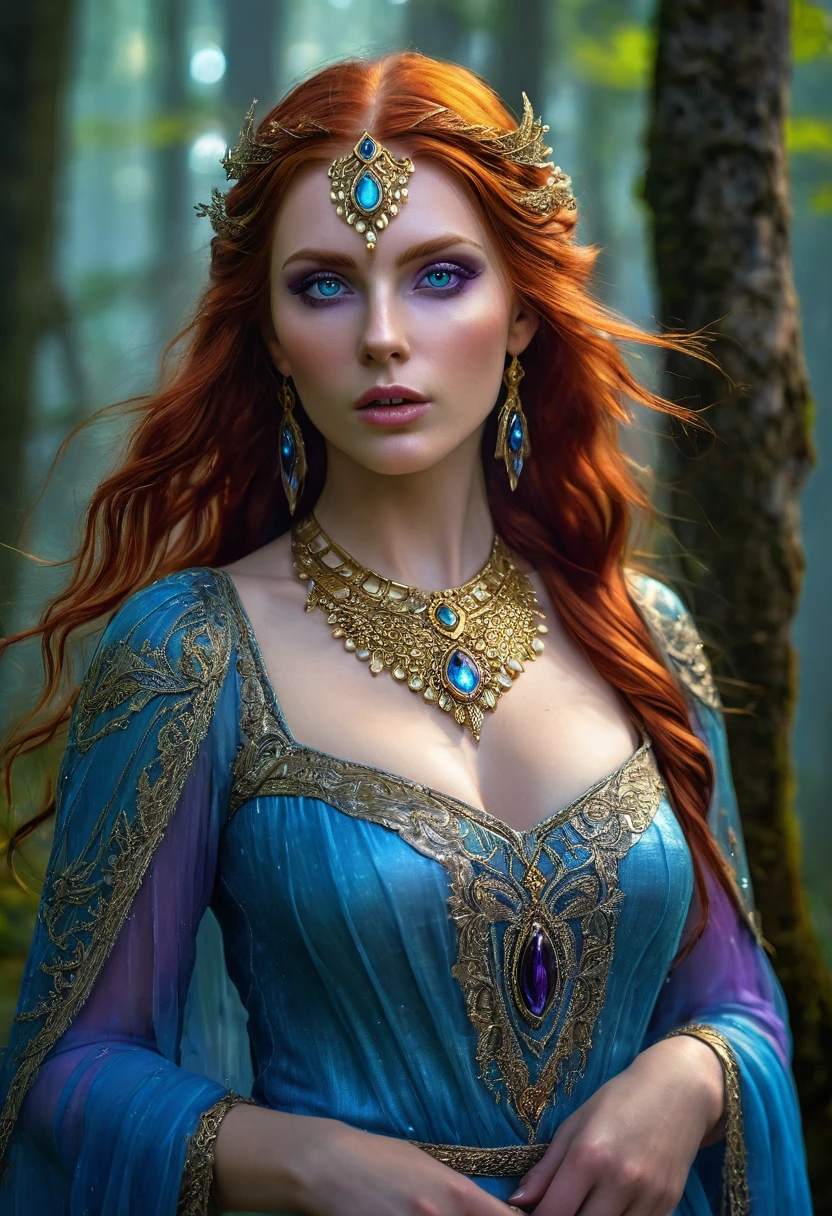Triss Merigold,best quality,high resolution,Ultra-detailed,(realistic:1.37),beautiful detailed eyes,beautiful detailed lips,extremely detailed eyes and face,long eyelashes,(HDR:1.1),(vivid colors:1.1),( sharp focus:1.1),(physically based rendering:1.1),Portrait,sorceress,red hair,distinct white stripe,intricate gold jewelry,elven heritage,blue eyes,confident expression,Fierce,standing in a magical forest,against a backdrop of ancient trees and mist, wearing a flowing dress made of shiny fabric, soft sunlight filtering through the leaves, casting a warm, ethereal glow over her, mysterious shades of blue and purple surrounding her, illuminating her with a mystical aura.