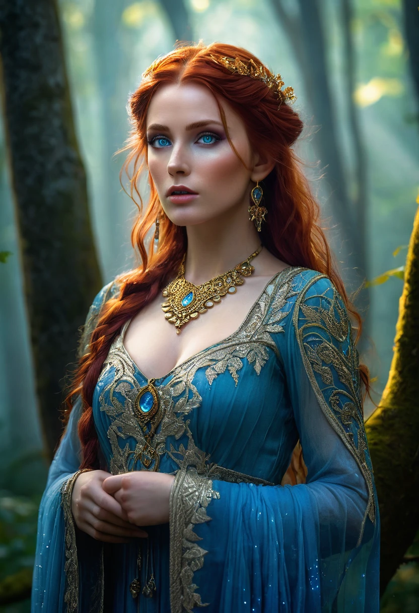 Triss Merigold,best quality,high resolution,Ultra-detailed,(realistic:1.37),beautiful detailed eyes,beautiful detailed lips,extremely detailed eyes and face,long eyelashes,(HDR:1.1),(vivid colors:1.1),( sharp focus:1.1),(physically based rendering:1.1),Portrait,sorceress,red hair,distinct white stripe,intricate gold jewelry,elven heritage,blue eyes,confident expression,Fierce,standing in a magical forest,against a backdrop of ancient trees and mist, wearing a flowing dress made of shiny fabric, soft sunlight filtering through the leaves, casting a warm, ethereal glow over her, mysterious shades of blue and purple surrounding her, illuminating her with a mystical aura.