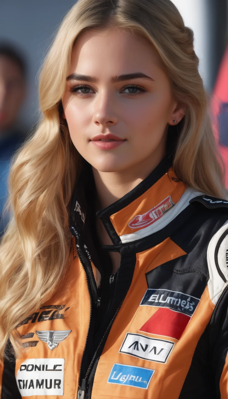 racer jumpsuit, ((black shirt)), formula 1 pilot, (full body, ultra-detailed), standing next to a formula 1 racing car, in front of the camera, ((perfect eyes, detailed eyes,realistic eyes)), (masterpiece, best quality, ultra-detailed, best shadow), high contrast, (best illumination), ((cinematic light)), colorful, hyper detail, dramatic light, intricate details, (1 girl, solo) , ultra detailed artistic photography, dreamy, backlit, shadows, ultra high definition, 8k, ultra sharp focus, ultra high quality model, soft lighting, film photography, analogue photography, hyperrealism,, ((sharp face, detailed face, realistic face, natural skin, realistic skin, detailed skin, pores)), very large breast, 25 years old very beautiful american girl, long straight blonde hair, expose cleavage, braless, smiling, full body pose