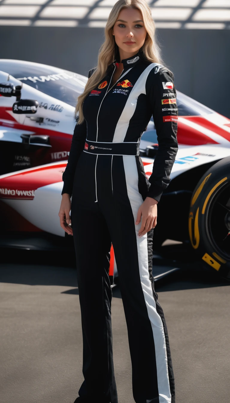racer jumpsuit, ((black shirt)), formula 1 pilot, (full body, ultra-detailed), standing next to a formula 1 racing car, in front of the camera, ((perfect eyes, detailed eyes,realistic eyes)), (masterpiece, best quality, ultra-detailed, best shadow), high contrast, (best illumination), ((cinematic light)), colorful, hyper detail, dramatic light, intricate details, (1 girl, solo) , ultra detailed artistic photography, dreamy, backlit, shadows, ultra high definition, 8k, ultra sharp focus, ultra high quality model, soft lighting, film photography, analogue photography, hyperrealism,, ((sharp face, detailed face, realistic face, natural skin, realistic skin, detailed skin, pores)), very large breast, 25 years old very beautiful american girl, long straight blonde hair, expose cleavage, braless, smiling, full body pose