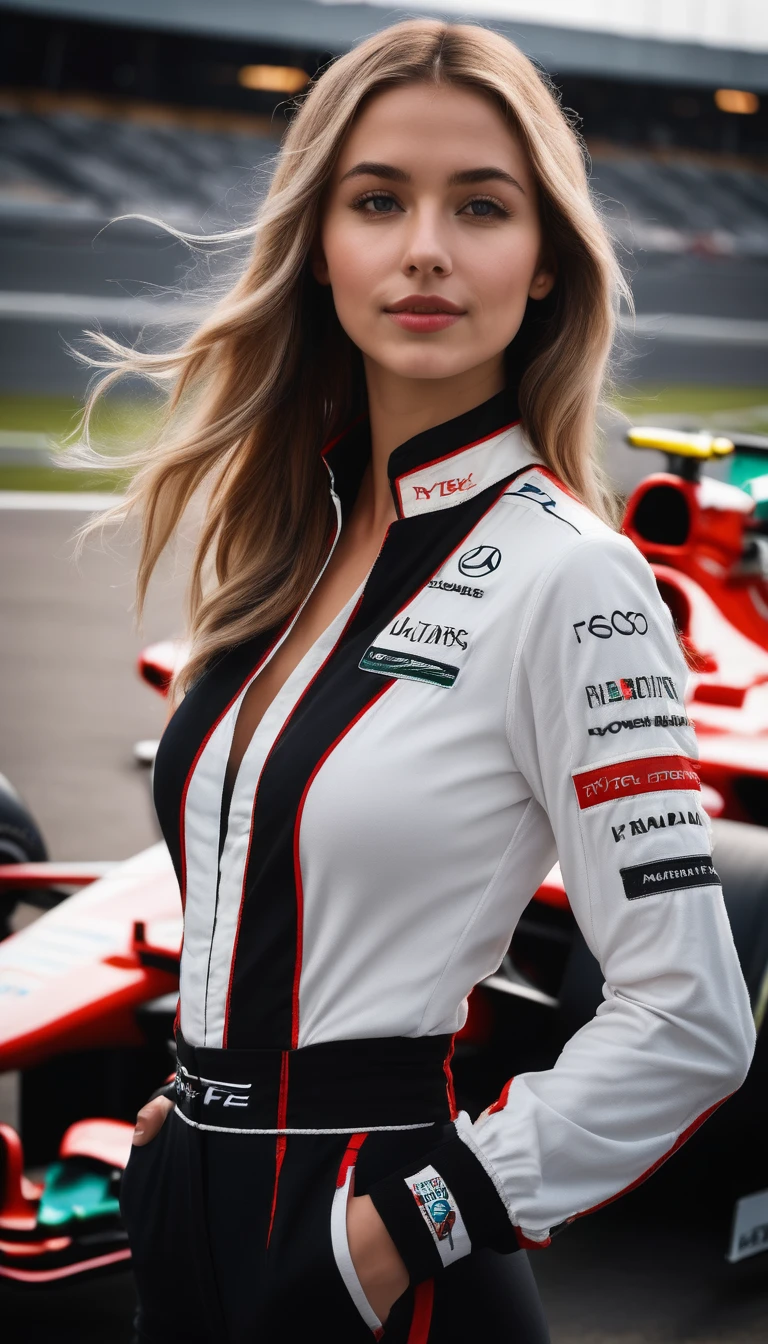 racer jumpsuit, ((black shirt)), formula 1 pilot, (full body, ultra-detailed), standing next to a formula 1 racing car, in front of the camera, ((perfect eyes, detailed eyes,realistic eyes)), (masterpiece, best quality, ultra-detailed, best shadow), high contrast, (best illumination), ((cinematic light)), colorful, hyper detail, dramatic light, intricate details, (1 girl, solo) , ultra detailed artistic photography, dreamy, backlit, shadows, ultra high definition, 8k, ultra sharp focus, ultra high quality model, soft lighting, film photography, analogue photography, hyperrealism,, ((sharp face, detailed face, realistic face, natural skin, realistic skin, detailed skin, pores)), very large breast, 25 years old very beautiful american girl, long straight blonde hair, expose cleavage, braless, smiling, full body pose 