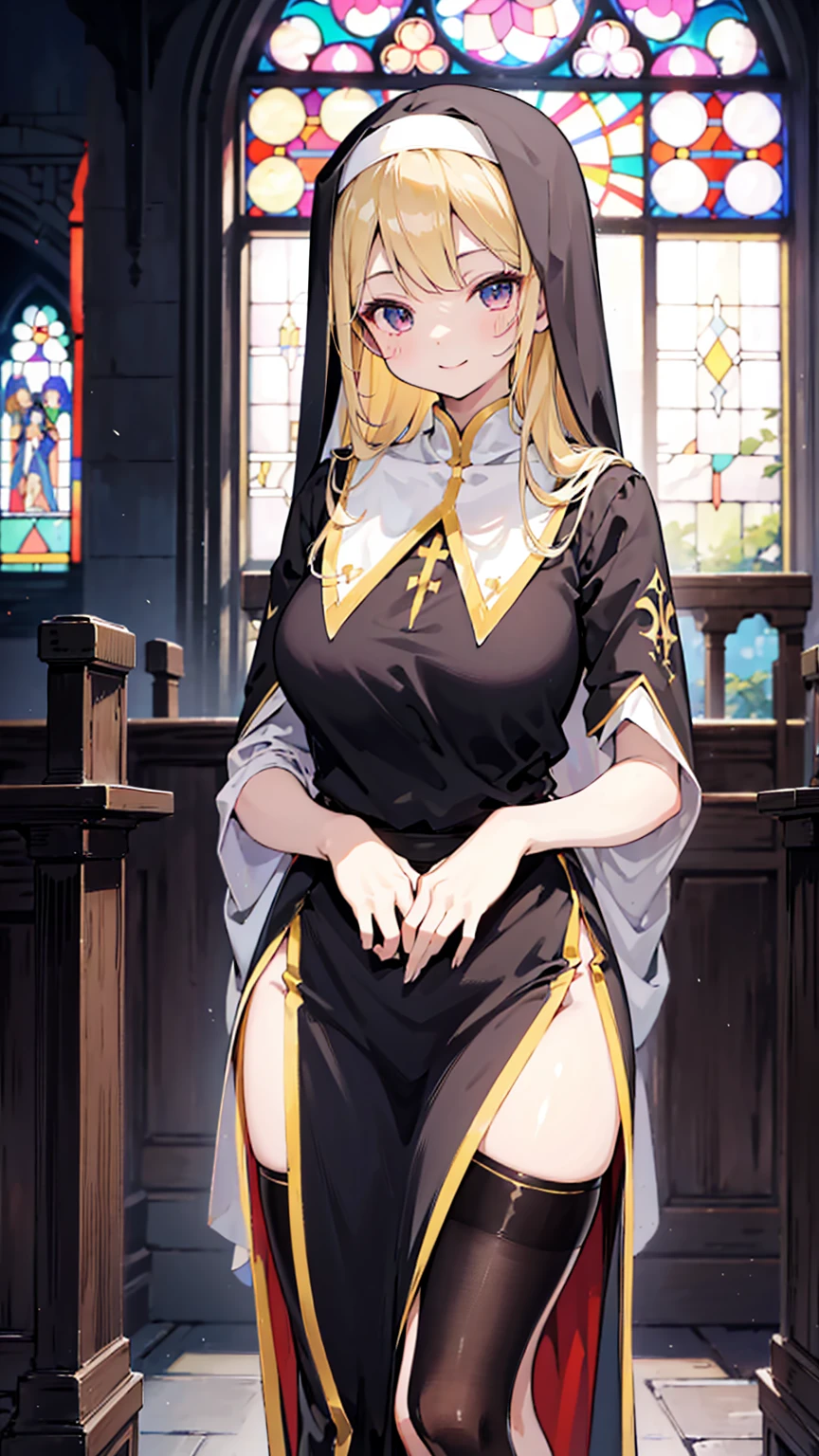 nun,nun服,黑白nun服,Colored hair,nun头巾,Big breasts,Full of figure,Close-up above the waist,Upper body close-up,Church Background,Stained window glass,Mosaic art background,nun,高开叉nun长袍,Robe hem,The front of the robe,The front of the robe hangs down,Knee socks,Knee socks,Knee socks,黑色过膝Silk socks,Silk socks,情趣nun服,High slit robe,Silk socks,Knee socks,Prayer posture,Leg ring,sock,Prayer posture,Robe hem,Long hem,Flesh,Long skirt,Long skirt,Long skirt,Long front robe,Front of robe,Long blond hair,blond,cute,gentle,Smile,慈爱的Smile,Wide crotch,Wide crotch,Thin waist