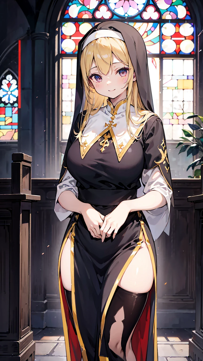 nun,nun服,黑白nun服,Colored hair,nun头巾,Big breasts,Full of figure,Close-up above the waist,Upper body close-up,Church Background,Stained window glass,Mosaic art background,nun,高开叉nun长袍,Robe hem,The front of the robe,The front of the robe hangs down,Knee socks,Knee socks,Knee socks,黑色过膝Silk socks,Silk socks,情趣nun服,High slit robe,Silk socks,Knee socks,Prayer posture,Leg ring,sock,Prayer posture,Robe hem,Long hem,Flesh,Long skirt,Long skirt,Long skirt,Long front robe,Front of robe,Long blond hair,blond,cute,gentle,Smile,慈爱的Smile,Wide crotch,Wide crotch,Thin waist