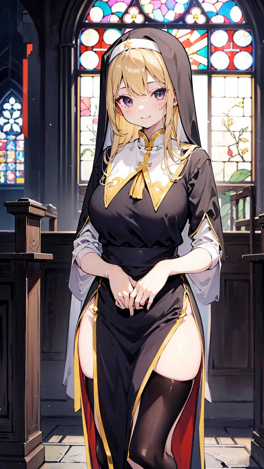nun,nun服,黑白nun服,Colored hair,nun头巾,Big breasts,Full of figure,Close-up above the waist,Upper body close-up,Church Background,Stained window glass,Mosaic art background,nun,高开叉nun长袍,Robe hem,The front of the robe,The front of the robe hangs down,Knee socks,Knee socks,Knee socks,黑色过膝Silk socks,Silk socks,情趣nun服,High slit robe,Silk socks,Knee socks,Prayer posture,Leg ring,sock,Prayer posture,Robe hem,Long hem,Flesh,Long skirt,Long skirt,Long skirt,Long front robe,Front of robe,Long blond hair,blond,cute,gentle,Smile,慈爱的Smile,Wide crotch,Wide crotch,Thin waist