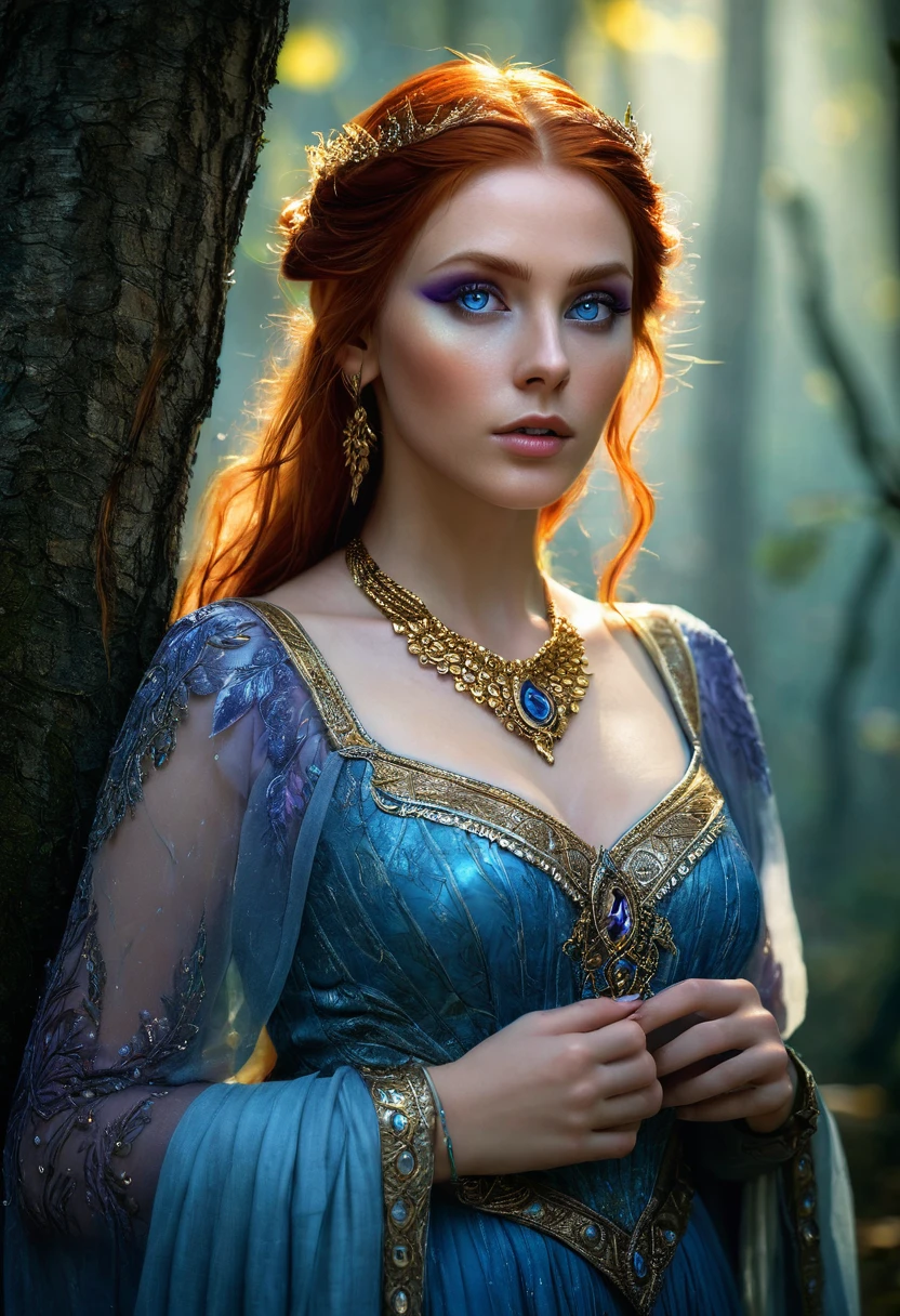 Triss Merigold,best quality,high resolution,Ultra-detailed,(realistic:1.37),beautiful detailed eyes,beautiful detailed lips,extremely detailed eyes and face,long eyelashes,(HDR:1.1),(vivid colors:1.1),( sharp focus:1.1),(physically based rendering:1.1),Portrait,sorceress,red hair,distinct white stripe,intricate gold jewelry,elven heritage,blue eyes,confident expression,Fierce,standing in a magical forest,against a backdrop of ancient trees and mist, wearing a flowing dress made of shiny fabric, soft sunlight filtering through the leaves, casting a warm, ethereal glow over her, mysterious shades of blue and purple surrounding her, illuminating her with a mystical aura.