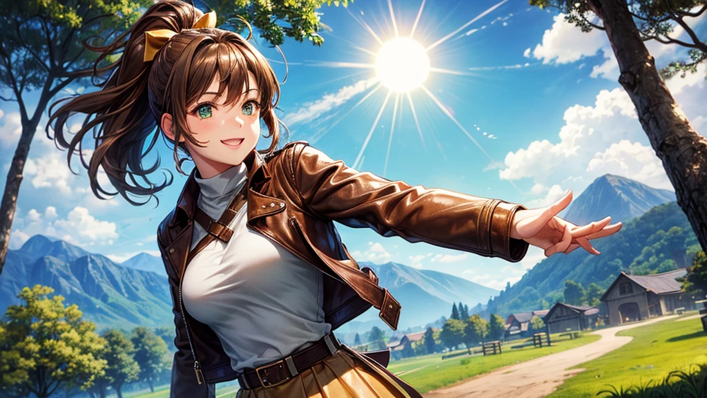 girl, solo, village, trees, sun, clouds, ((brown hair)), ponytail, large breasts, ((brown leather jacket)), green eyes, long skirt, brown boots, smile, happy, looking at the viewer, standing, hair ribbon, golden necklate, wind