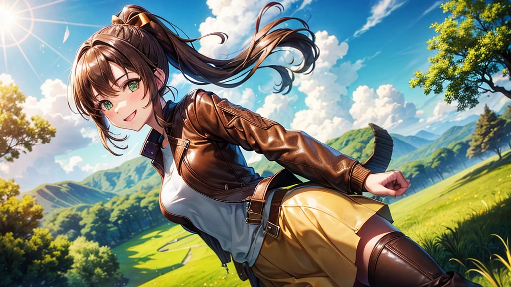 girl, solo, village, trees, sun, clouds, ((brown hair)), ponytail, large breasts, ((brown leather jacket)), green eyes, long skirt, brown boots, smile, happy, looking at the viewer, standing, hair ribbon, golden necklate, wind