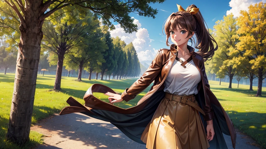girl, solo, village, trees, sun, clouds, ((brown hair)), ponytail, large breasts, ((brown leather jacket)), green eyes, long skirt, brown boots, smile, happy, looking at the viewer, standing, hair ribbon, golden necklate, wind