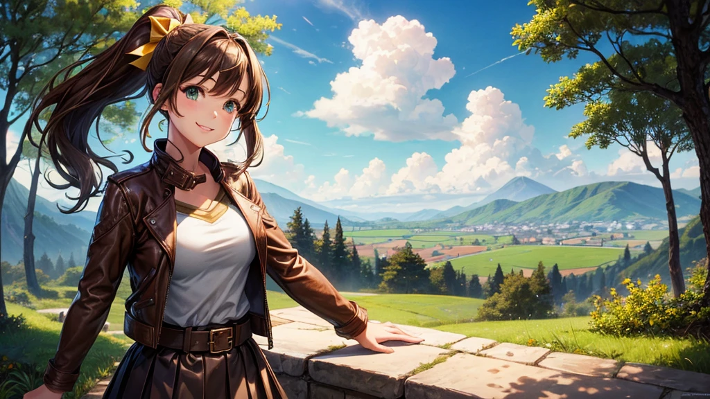 girl, solo, village, trees, sun, clouds, ((brown hair)), ponytail, large breasts, ((brown leather jacket)), green eyes, long skirt, brown boots, smile, happy, looking at the viewer, standing, hair ribbon, golden necklate, wind