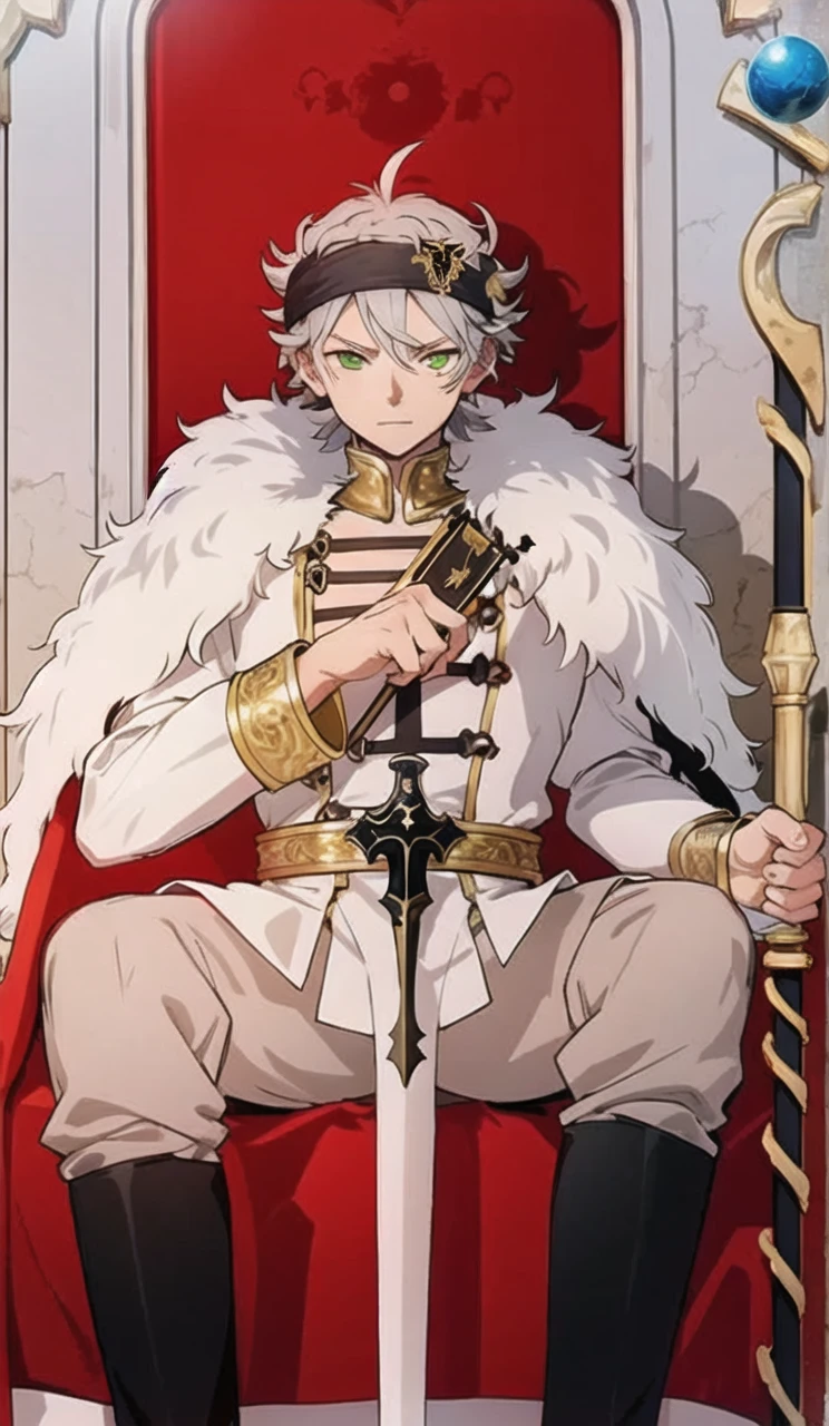 masterpiece, best quality, high quality, 1boy, solo, male focus, shirt off, closed eyes, asta, green eyes, black headband, grey hair, spiked hair, lay on bed, knee, 