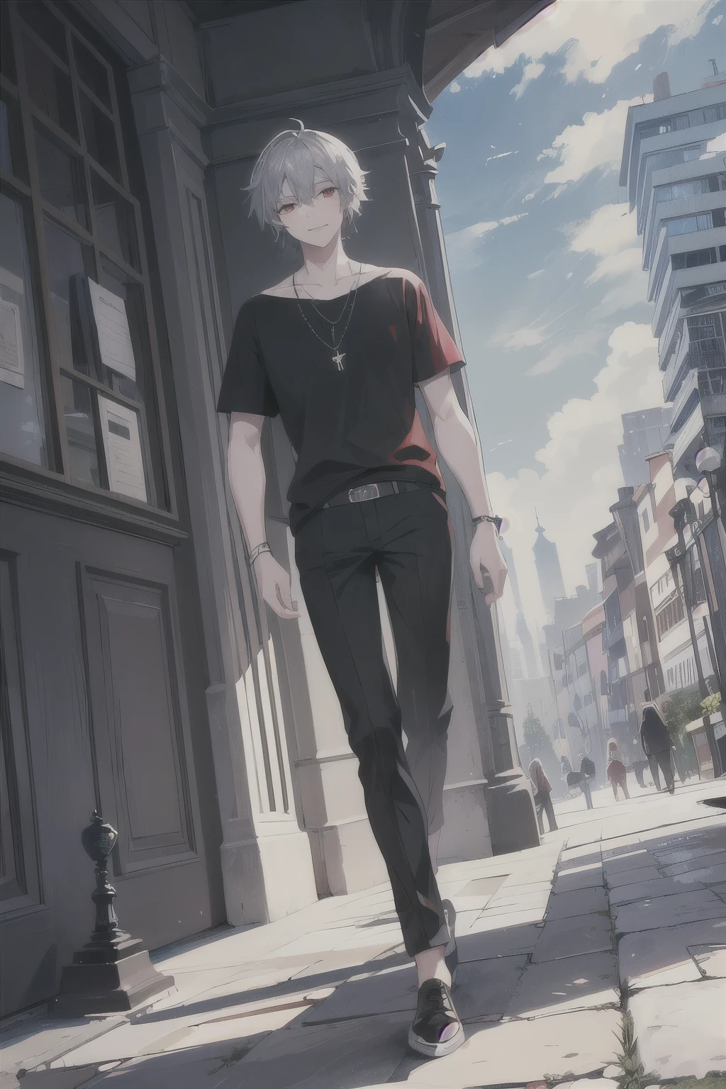 (masterpiece, Highest quality:1.2), (Ultra detailed face), (Very beautiful face), whole body, alone, Tall Boy, be patient, Male Focus, One boy, smile, I'm looking at my phone, Looking at cell phone,Gray Hair, Red eyes,Red Eyes, Clear eyes, Beautiful Eyes, Beautiful attention to detail, Black T-shirt, necklace,Short sleeve, Black trousers, Beautiful sky, Beautiful sky,Beautiful city,City, Dynamic Angle Information