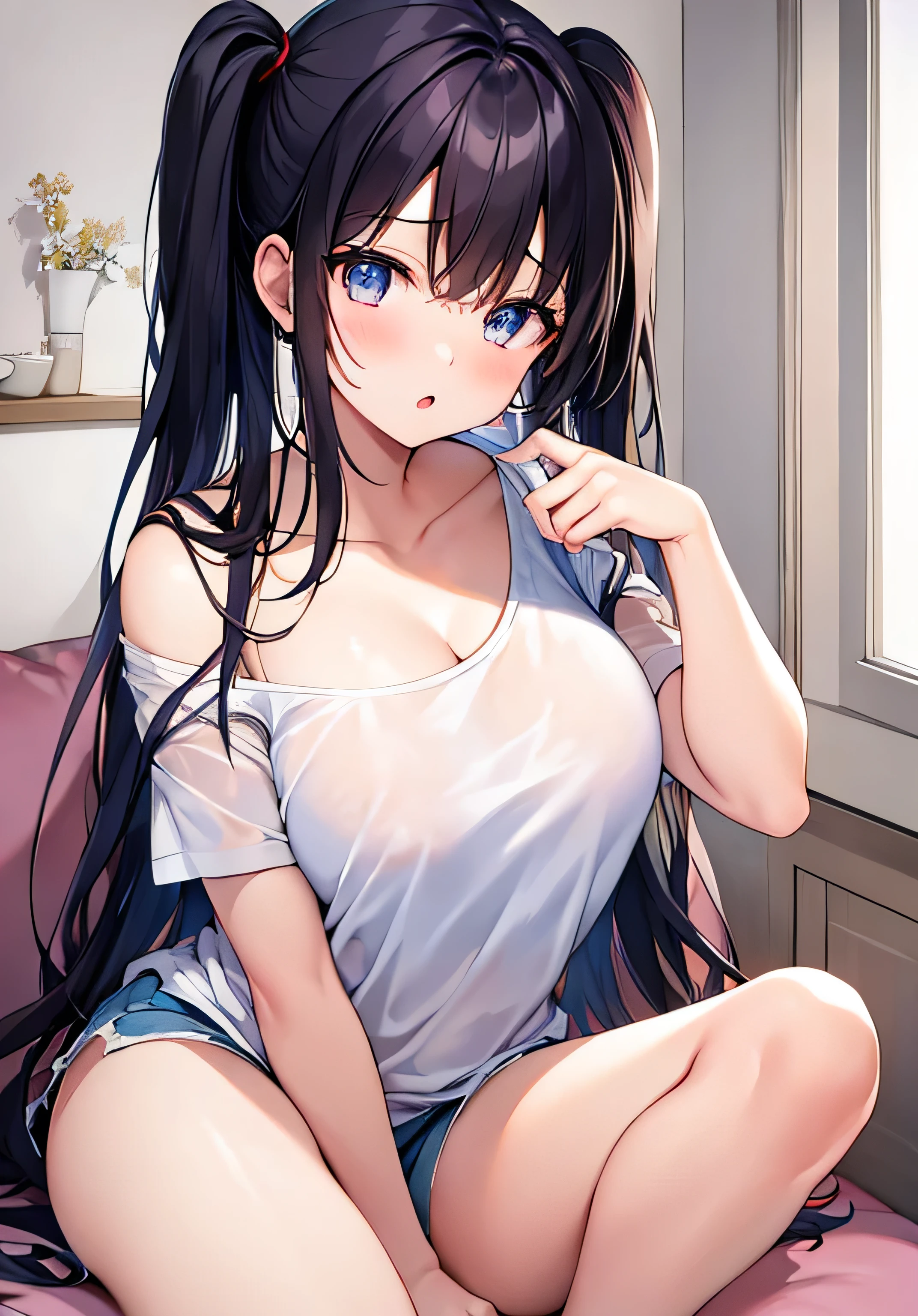 masterpiece、Highest quality、Ultra-high resolution、teenage girl with big breasts、twin tail hairstyle、black hair、Red face、shyly、open your mouth just a little、white T-shirt、white loungewear shorts、inside lounge room、sitting on the sofa、at night time