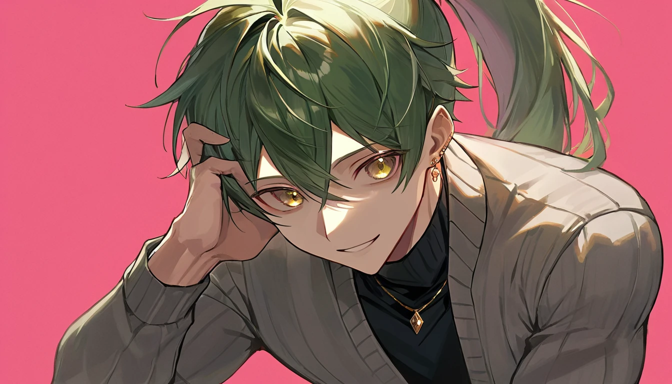 ((((best masterpiece, best quality, wallpaper,)))) solo, guy, male body, small muscles, flat chest, 1male, 30 years old, handsome man, dramatic angle, upper body, looking at viewers, beautiful detailed, seductive smile, mediumturquoise hair, ((((Lower short ponytail)))), asymmetrical bangs, ((short hair,)) ((( jitome, gold eyes, ^o^, tareme, droopy eyes,))) (((perfect face, extremely detailed eyes,))) perfect hands, sharp nose, clear face, black turtleneck, grey cardigan, ((silver piercing, pendant,)) leggings, pink background color ultrasharp, 8K, masterpiece,