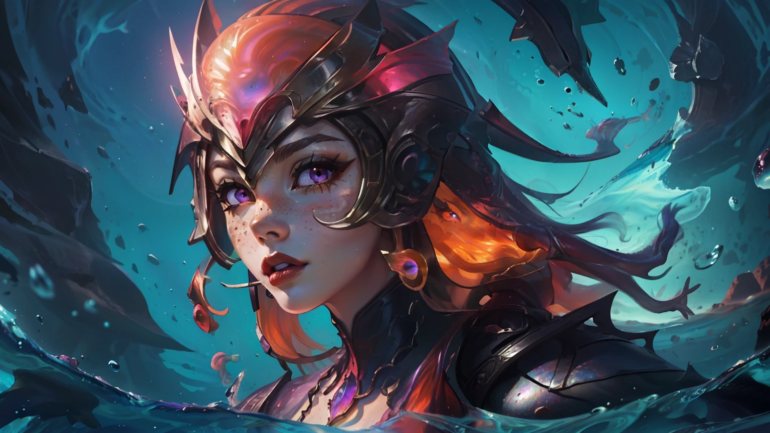 masterpiece, best quality), intricate details, (Best quality)), ((masterpiece)), ((realistic)), (hyperrealism:1.2), (fractal art:1.2), (1girl), (perfect face:1.3), ((red long hair)), extreme detailed eyes, colorful, highest detailed, Nami, fishbody, mermaid, scales, tail, water, ocean, waves, purple eyes, freckles, purple hair, (mermaid), (detailed fish), (glowing jellyfish, shining jellyfish:1.2), (bubbles:1.2), seaweed, (under the sea), water streaks, vibrant colors, high contrast, (8K UHD:1.2), (photorealistic:1.2), wearing dark grey metallic knight facial helmet with red ruby in center, dark grey metallic necklace, wearing dark grey metallic battle armor, faint red in the ocean in the background, event horizon