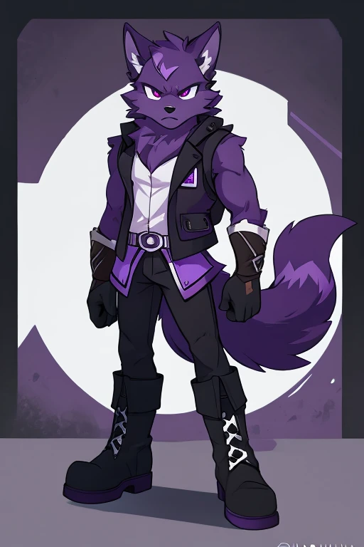 Black wolf with purple fur, purple eyes, Boots, purple vest and black tail, serious 