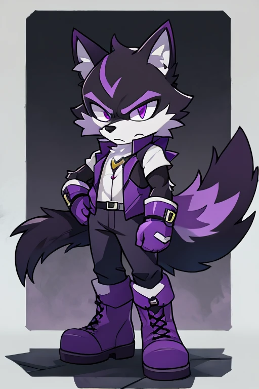 Black wolf with purple fur, purple eyes, Boots, purple vest and black tail, serious 