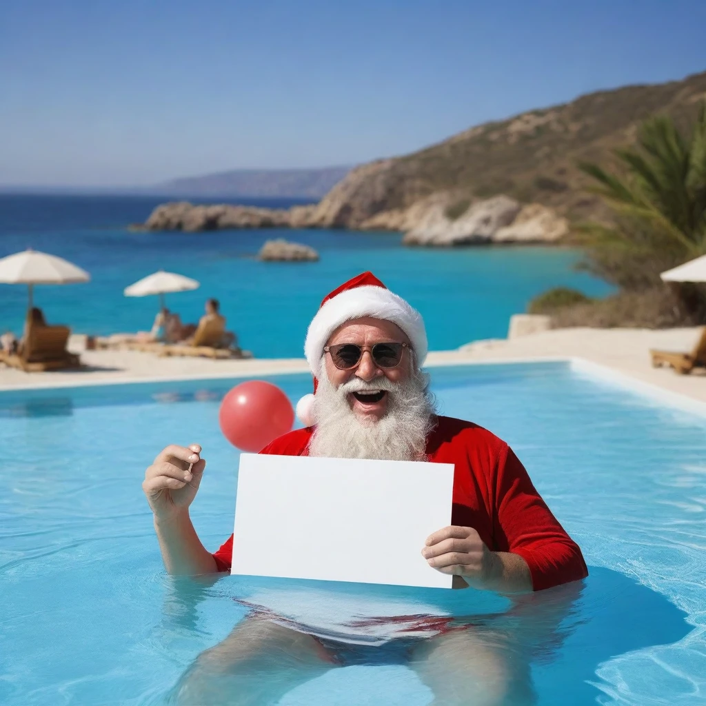 Captures an image from different angles of a swimming pool in which there are white rectangular signs in the water without any text, all posters are the same, In the center of the pool, a fat, smiling Santa Claus bathing in sunglasses floats in the water., very happy and holding a giant blank sign without text in his hands above his head . All the action takes place under a bright sun on a Mediterranean beach with impressive lighting for a perfect shot. Professional photography, 8k, RAW photo, The best quality, masterpiece, photorealistic, Highly detailed, cinematic lighting, sharp focus, réflex digital, high resolution, photorealistic,