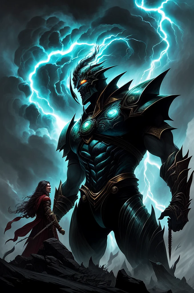 At the peak of a magical storm, two colossal titans face off in a celestial arena. The first is the titan of fire, whose radiant skin emanates intense heat, while the second is the titan of shadows, enveloped in dark mist that seems to devour the very light. Their gigantic silhouettes collide with violence, causing the earth to tremble beneath their divine feet.

The flowing hair of the shadow titan snakes through the air as he raises a sinister sword with an ominous gleam. In contrast, the fire titan raises his flaming fists, his expression determined and courageous. Flames and shadows dance in a clash of primordial forces.

Above, a stormy sky contorts with crackling lightning, as if the very gods are witnessing the duel. The swirling clouds seem to take the form of mythical creatures, bearing witness to the grandeur of the confrontation., (intrincado, atmospheric, surreal, corajoso, cinemactic, estilizado, contraste, comic, misterioso, estilizado, Cybernate, futurista, dystopic), Amanhecer, Art Deco, Cobra, Sombrio, (Secondary colors:1.1), (Perspectiva:1.1), (Colagem:1.1), (Luar: 1.2), Escalas, Heart, ultra detalhado, intrincado, oil on the canvas, pincel seco, (surrealismo:1.1), (perturbador:1.1)