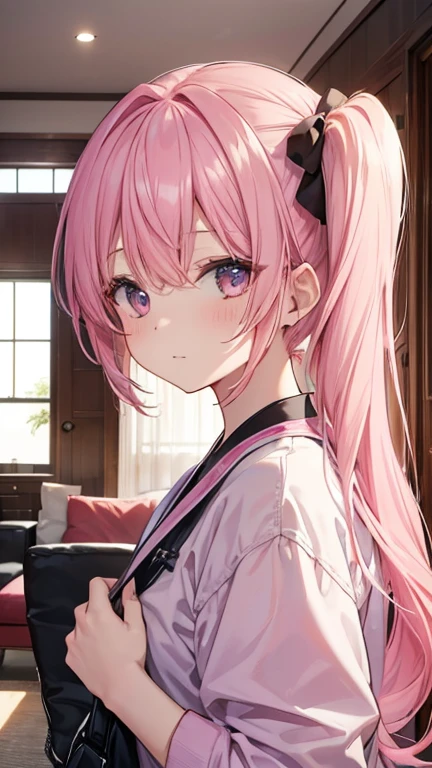 Living room at home、Mischievous look、One Girl、Pink Hair、Side Ponytail、⦅A big one that reached the girl's kneesTWearing a shirt、The shirt color is white、The girl is barefoot、Flip the hem of your shirt、Pink panties are visible⦆