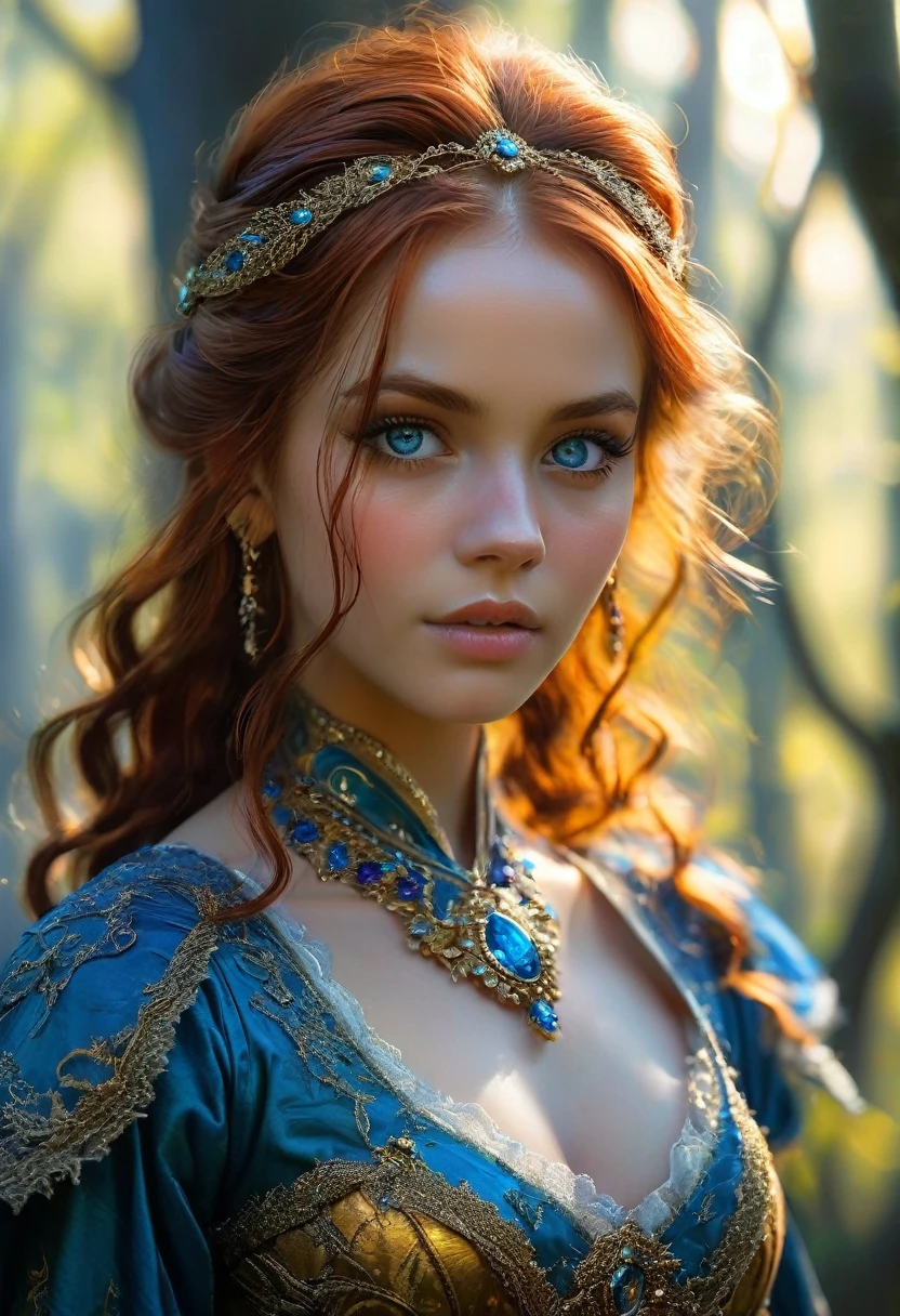 Triss Merigold,best quality,high resolution,Ultra-detailed,(realistic:1.37),beautiful detailed eyes,beautiful detailed lips,extremely detailed eyes and face,long eyelashes,(HDR:1.1),(vivid colors:1.1),( sharp focus:1.1),(physically based rendering:1.1),Portrait,sorceress,red hair,distinct white stripe,intricate gold jewelry,elven heritage,blue eyes,confident expression,Fierce,standing in a magical forest,against a backdrop of ancient trees and mist, wearing a flowing dress made of shiny fabric, soft sunlight filtering through the leaves, casting a warm, ethereal glow over her, mysterious shades of blue and purple surrounding her, illuminating her with a mystical aura.