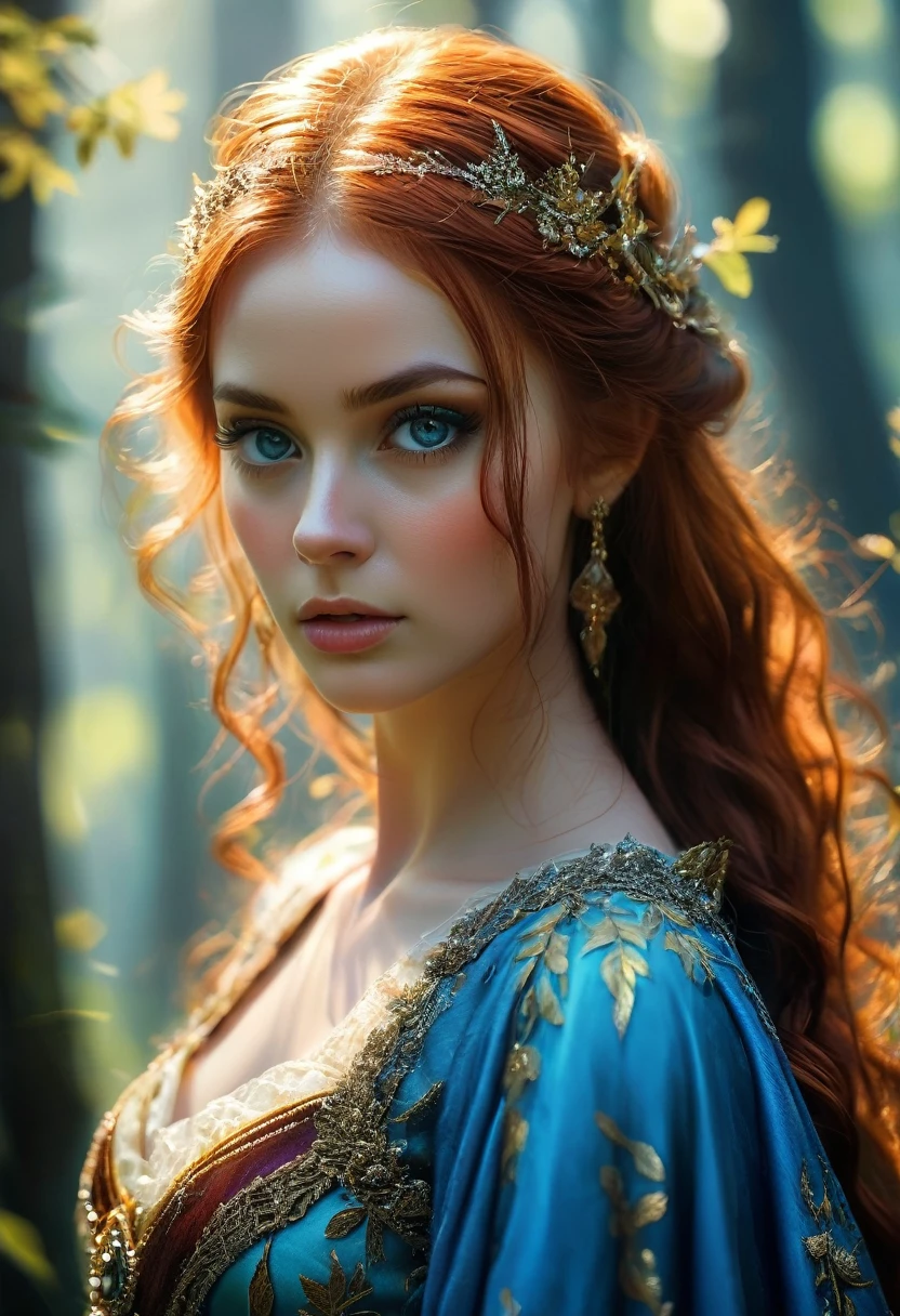 Triss Merigold,best quality,high resolution,Ultra-detailed,(realistic:1.37),beautiful detailed eyes,beautiful detailed lips,extremely detailed eyes and face,long eyelashes,(HDR:1.1),(vivid colors:1.1),( sharp focus:1.1),(physically based rendering:1.1),Portrait,sorceress,red hair,distinct white stripe,intricate gold jewelry,elven heritage,blue eyes,confident expression,Fierce,standing in a magical forest,against a backdrop of ancient trees and mist, wearing a flowing dress made of shiny fabric, soft sunlight filtering through the leaves, casting a warm, ethereal glow over her, mysterious shades of blue and purple surrounding her, illuminating her with a mystical aura.
