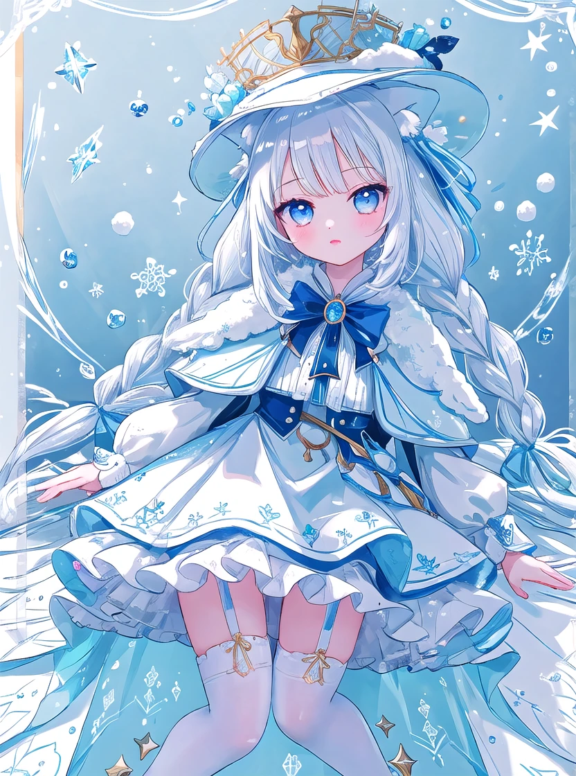 Exhibition illustration,Very detailed,Masterpieces,(high resolution:1.2,)One girl,Detailed eyes,Baby Face,Lori:1.2,Animal ears,long,Braid,Ice decoration,Aristocratic hat,Light blue clothes,Sapphire brooch:1.2,White Cape,mini skirt,Snow Embroidery,Large accessories:1.2,White knee-high socks,garter belt,Thigh
