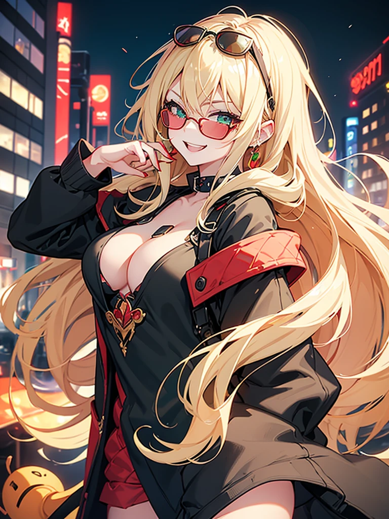 woman、Early 20s、Wicked Smile、Blonde、Long Hair、Green Eyes、Frameless sunglasses with red lenses、Face close-up、sexy、sexyなポーズ、Black tube top、Bright red long coat、R-18、City of night