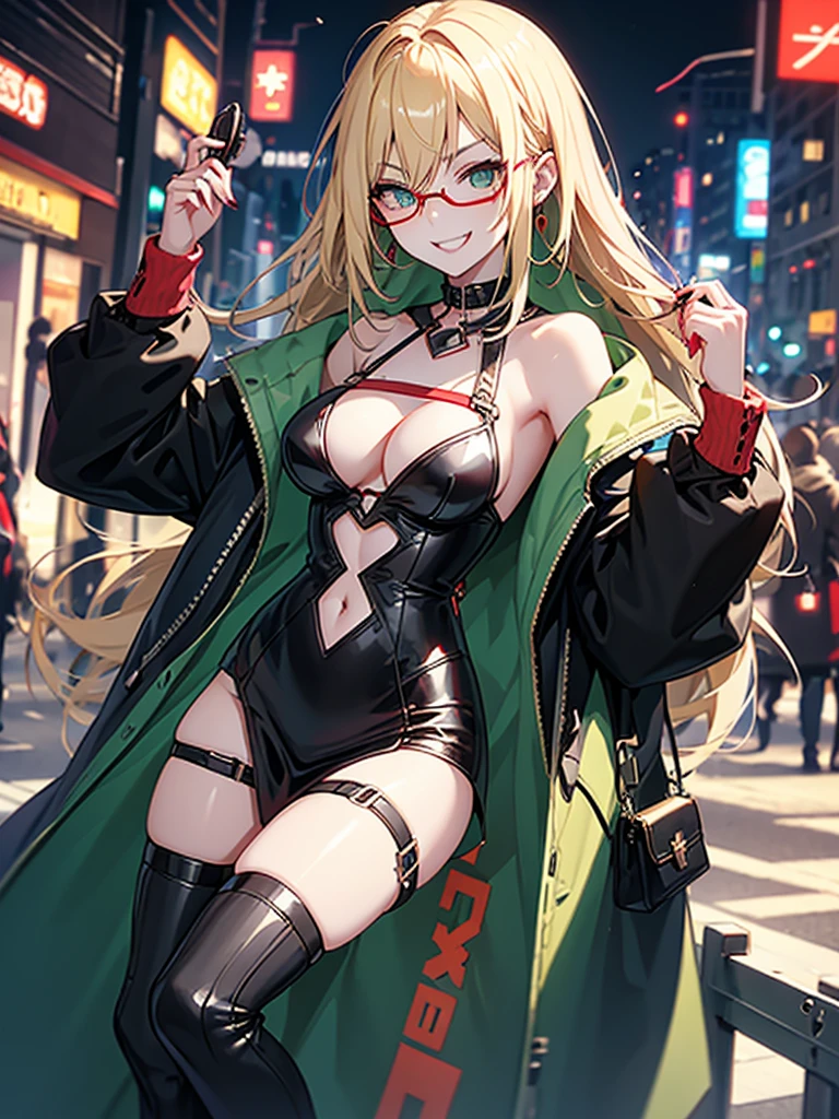 woman、Early 20s、Wicked Smile、Blonde、Long Hair、Green Eyes、Frameless sunglasses with red lenses、Face close-up、sexy、sexyなポーズ、Black tube top、Bright red long coat、R-18、City of night