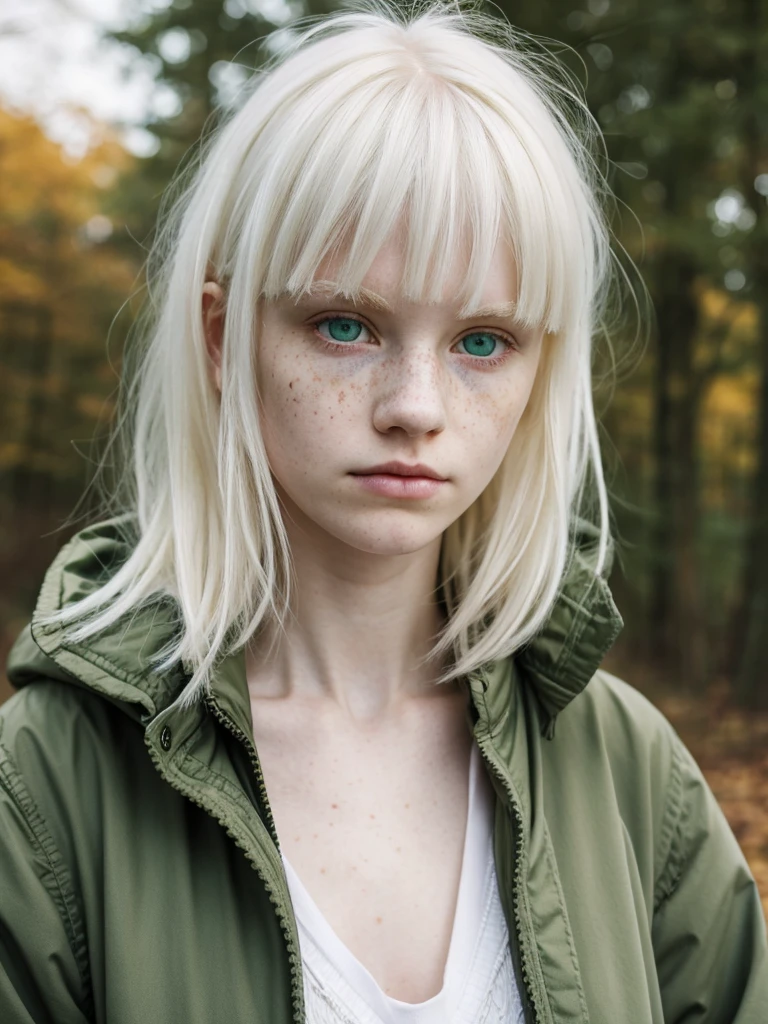 (best quality), 1girl, Female, pale skin, white hair, medium hair, messy hair, messy bangs, hair over eyes, green eyes, perfect eyes, dark circles under eyes, tired, scar on face, oversized jacket, green jacket, childish, serious, freckles, albino, flat chest, masterpiece, anatomically correct, highres
