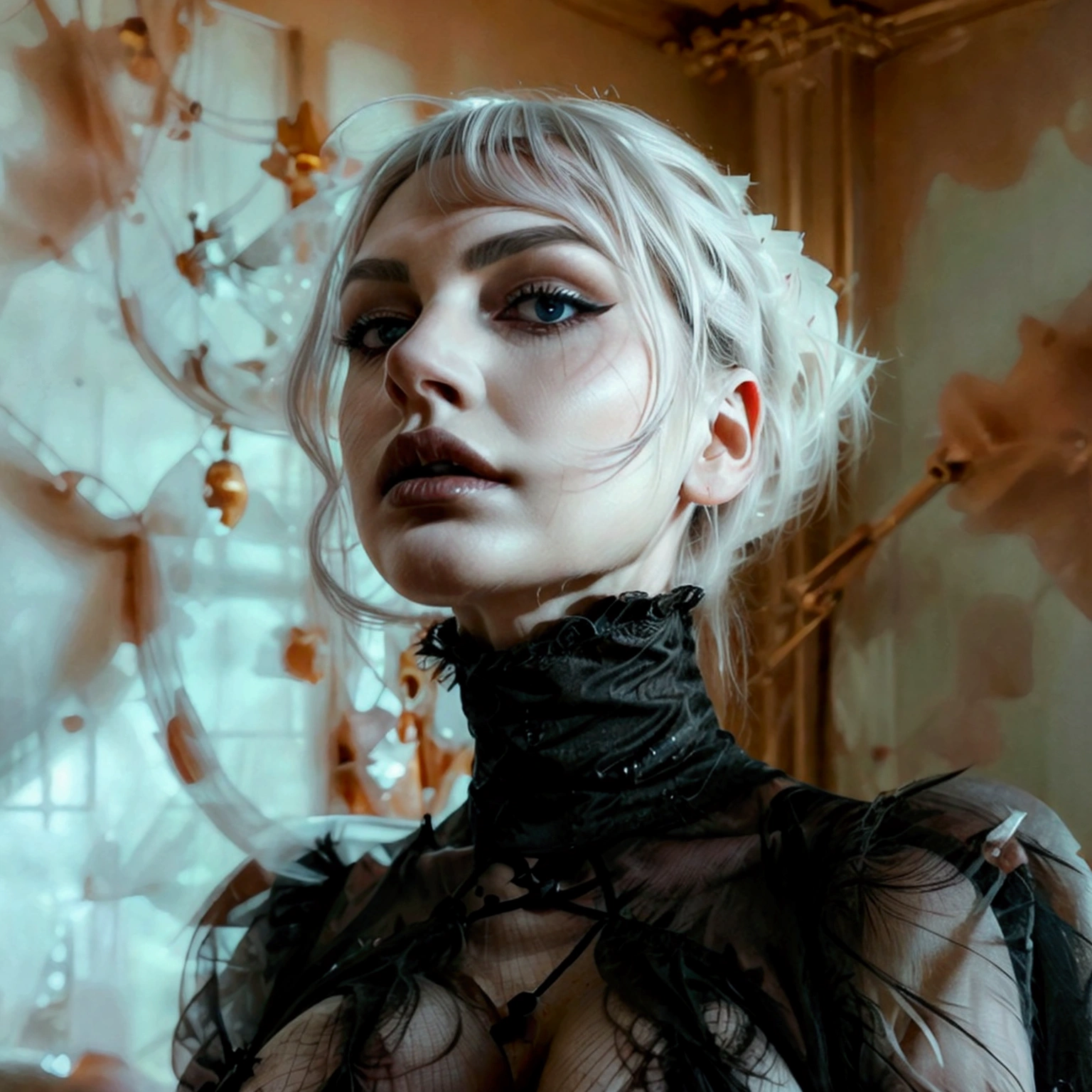 ((Master piece, very realistic, best quality, highly detailed, Frontal view, DELICATE, PORTRAIT, WOMAN 36yo, AESTHETIC)) shallow depth of field, realism, photography, good proportions, narrow depth of field, tilt shift look, bokeh, anamorphic look, cinematic, dark and moody, ((a pale white complexion MODE with short WHITE color hair and bangs and smokey eye makeup, BLACK lips)), wearing black fashion designed by Rick Owens, a dark photograph by Tim Walker and Tom Hoops and Matt Mahurin, a dark liminal space, a desolate seedy hotel room with peeling wallpaper and black painted walls, symbolism, primordial fluids, uneasy feeling, dark occult imagery, melancholic ((very aesthetic)), (her massive breasts:1.4) and )deep cleavage:1.2)