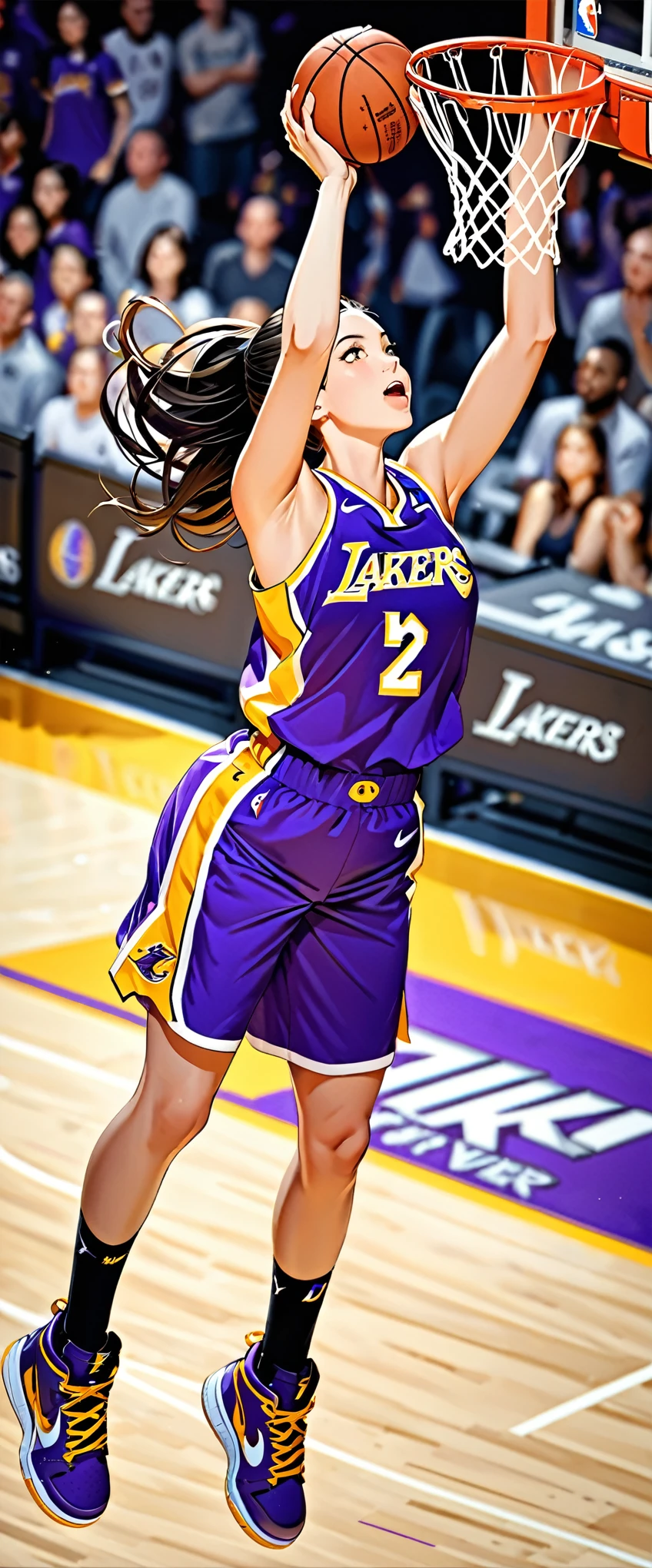 (Very detailed),(An illustration),8k,wallpaper,One Woman,Basketball Player,Los Angeles Lakers uniform,((front)),((Directly above)),(Lean your body back and jump very high:1.5),(Look up at the ball),(Dunk Shot:1.6),(Dynamic Angles),Basketball Court,(((Background Blur)))