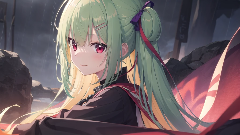 ((masterpiece)),(best quality),Official Art,Extremely detailed CG,Unity 8k Wallpaper,Super detailed,Beautiful and delicate eyes,Extremely detailed face,1 girl,solitary,,(whole body:1.5),(small:1.3),Smile,,Murasame,Very long hair,Green Hair,sides up,Purple bow,hairpin,Side Chain,Bangs,Red Eyes,Neck strap,Red belt,Aesthetic，Sky blue waiting for misty rain，And I&#39;m waiting for you，Cooking smoke rises，Thousands of miles across the river，Getchu Bishoujo Game Awards 2023 Magazine Cover，Chinese elegant style，Long-sleeved hanfu
