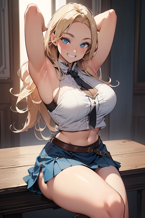 Realistic, photorealistic portrait of a beautiful young woman with thick thighs, blonde hair、Blue eyes、(eye focus:1.3,face focus,cowboy shot),(Gradient eyes:1.3),(mini skirt, showing panties, sitting
)、(grin:1.3),cute face、(tareme:1.3),4K resolution, best quality, masterpiece, ((Raise your arms, Expose your armpits))