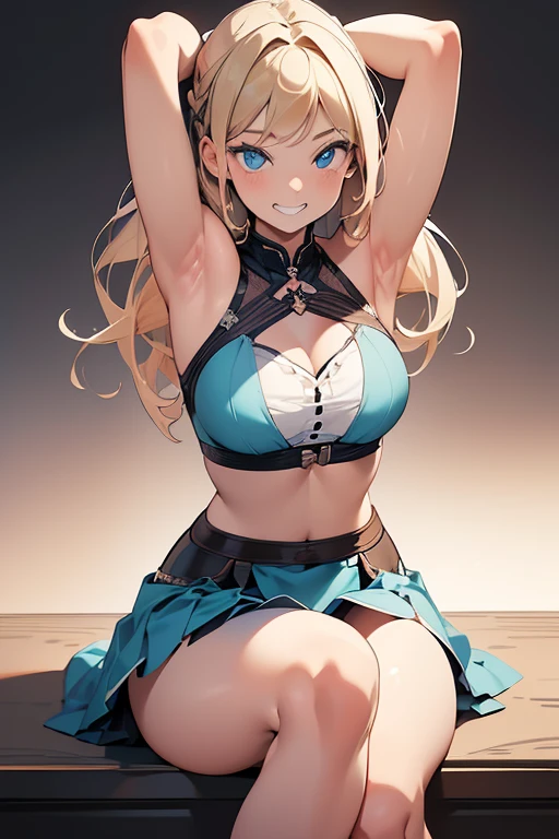 Realistic, photorealistic portrait of a beautiful young woman with thick thighs, blonde hair、Blue eyes、(eye focus:1.3,face focus,cowboy shot),(Gradient eyes:1.3),(mini skirt, showing panties, sitting
)、(grin:1.3),cute face、(tareme:1.3),4K resolution, best quality, masterpiece, ((Raise your arms, Expose your armpits))
