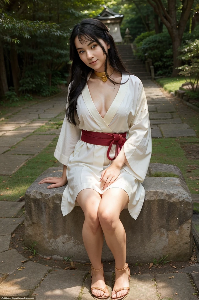 A beautiful shrine maiden in an elegant kimono stands gracefully on a sacred hill in the forest, A gold collar around his neck、Her chest is exposed and beautiful.。The feet are wearing sandals.。A kimono with a waist-length slit and knee-length。The colors are a perfect combination of red and white, which are symbols of purity.. Her jet black hair flowed long, well maintained、Shining in the sunlight. His deep, His bright dark eyes radiated calm and wisdom., As if it holds an ancient tale from the past.. Her smooth, symmetrical face、It is decorated with a gentle smile that gives an aura of peace to the viewer.。.