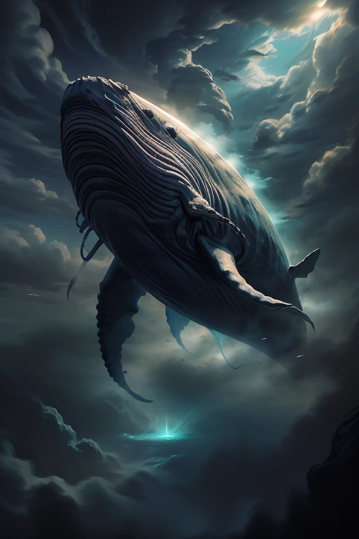 giant flying whale, horror fantasy, Moby giant whale in the void, fantasy art, photomanipulation, flying whale, floating rocks and broken buildings in the void, surrealistic digital artwork, flying whales, realistic fantasy illustration, majestic matte painting, surreal and fantasy art, beautiful digital artwork, photo manipulation, 3 d render and matte painting