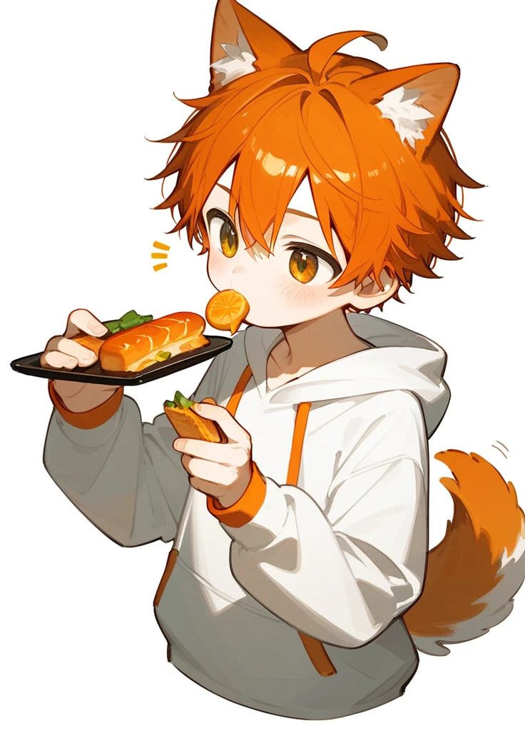 an orange hair cat in a white shirt sitting down in profile pose, male focus, 1boy, animal ears, solo, tail, shirt, simple background, white background, dog tail, white shirtan orange haired anime drawing is holding something that looks like food, 1boy, male focus, eating, food, orange hair, soloan animated anime character that is holding his head with one hand and his other hand is on his waist, 1boy, male focus, solo, hoodie, hood, blush, orange hair, white background, shota, ショタ