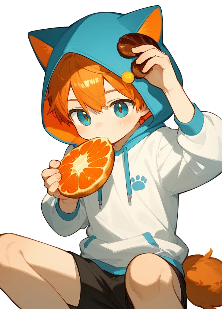 an orange hair cat in a white shirt sitting down in profile pose, male focus, 1boy, animal ears, solo, tail, shirt, simple background, white background, dog tail, white shirtan orange haired anime drawing is holding something that looks like food, 1boy, male focus, eating, food, orange hair, soloan animated anime character that is holding his head with one hand and his other hand is on his waist, 1boy, male focus, solo, hoodie, hood, blush, orange hair, white background, shota, ショタ
